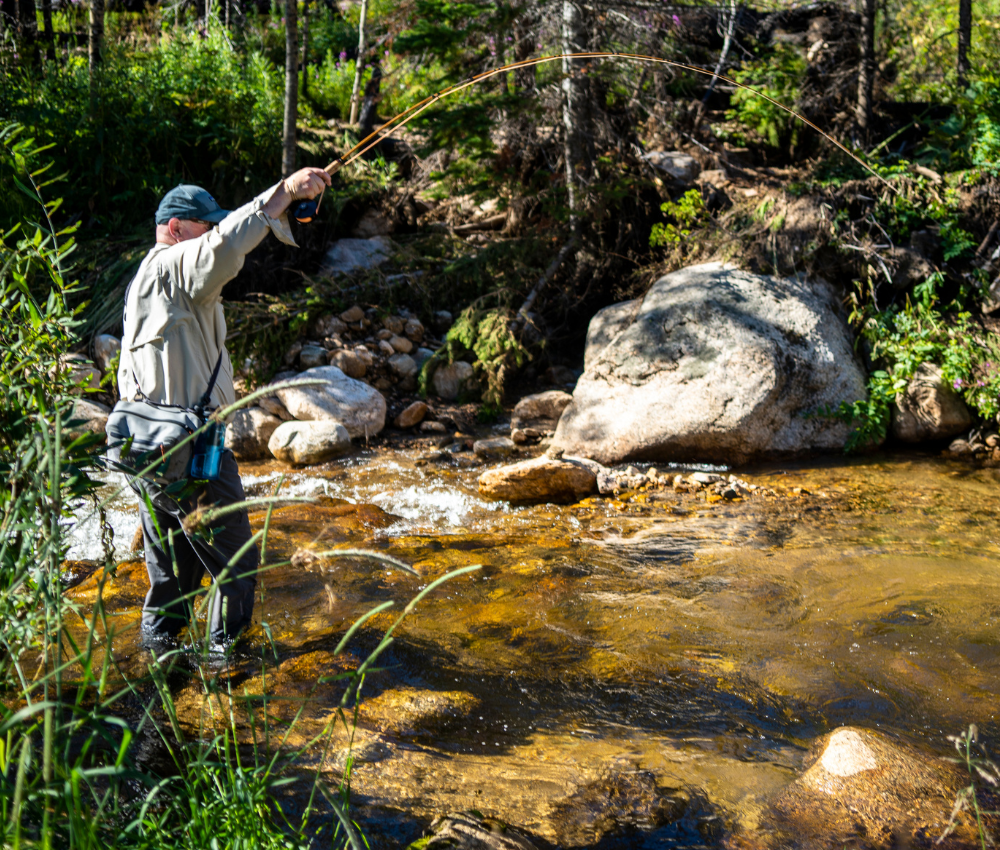 man is fly fishing and hooked on a trout on a small Colorado creek